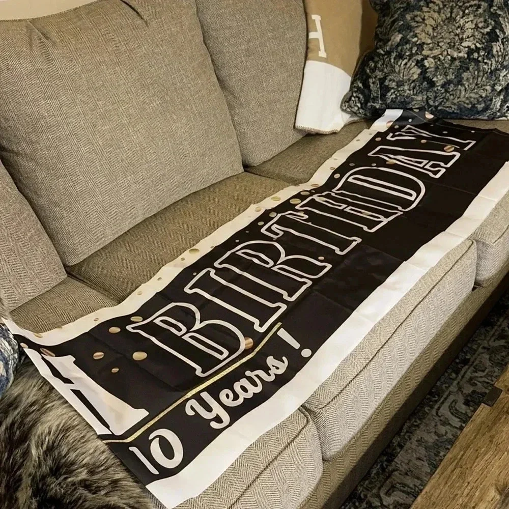 happy 10th birthday party celebration hanging plastic banner black/white/gold